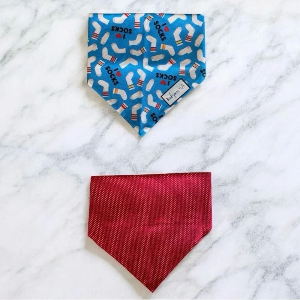 DOG Bandana - I Love Socks & Red Polka Dots (Reversible) - Size L Large